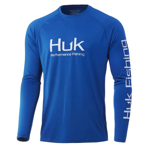 Huk Fishingフィッシングシャツ ネイビー ブルー総柄 M（L） Huk Vented Pursuit Men's Long Sleeve Fishing Shirt - Bowtreader